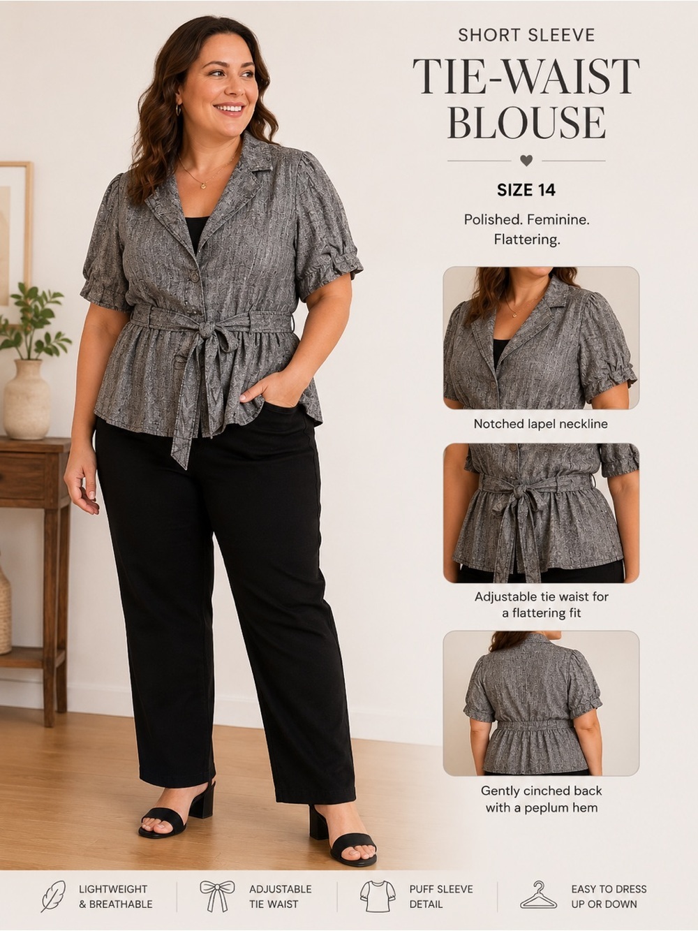DALIA COLLECTION Tie-Waist Short Sleeve Blouse in Gray SIZE 14